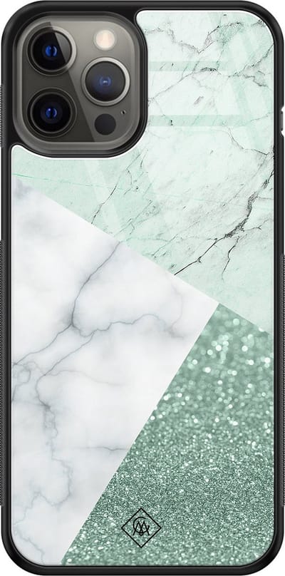 Casimoda® hoesje - Geschikt voor iPhone 12 Pro Max - Minty Marmer Collage - Luxe Hard Case Zwart - Backcover telefoonhoesje - Mint