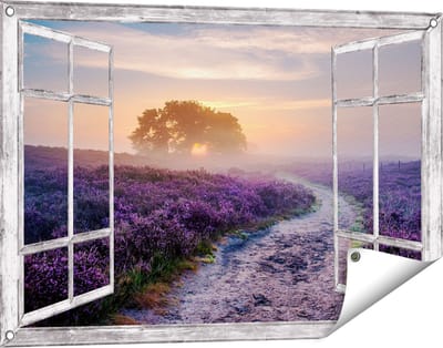 Gards Tuinposter Doorkijk Pad in de Weide van de Veluwe - 90x60 cm - Tuindoek - Tuindecoratie - Wanddecoratie buiten - Tuinschilderij