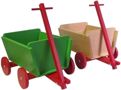 Houten Bolderkar - Kinderwagen Speelgoed - Buiten Spelen - Lichtlopende Wielen - 36 cm Hoog - Rood Geverfd