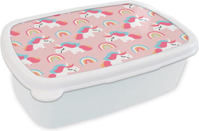 Broodtrommel Wit - Lunchbox - Brooddoos - Unicorn - Regenboog - Roze - Patroon - 18x12x6 cm - Volwassenen