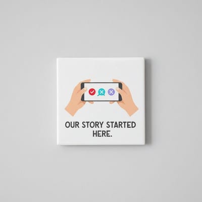 Romantische 15×15 cm Keramische Tegel – “Our Story Started Here” Datingapp Illustratie Liefdesdecoratie