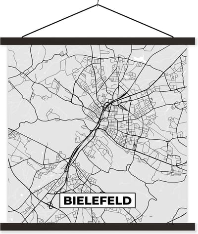 Posterhanger incl. Poster 60x60 cm - Schoolplaat - Duitsland - Plattegrond - Kaart - Stadskaart - Bielefeld - Textielposter - Zwarte latten - Stadskaart