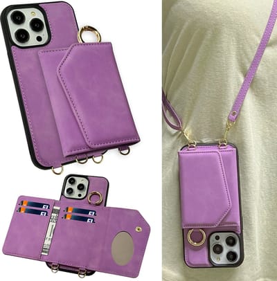 Casemania Hoesje Geschikt voor Apple iPhone 15 Pro - Bright Lila - Luxe Telefoonhoes met Koord - Wallet Case met Spiegeltje en Pasjeshouder - Crossbody Draagbaar Alles-in-één Back Cover
