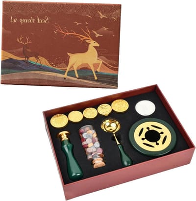 Zegelstempelkit met 6 stempelkoppen en waszegel, vintage design, complete set voor uitnodigingen en kaarten - inclusief houten handvat, lepel en witte was.