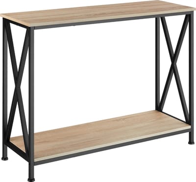tectake® Consoletafel met 2 houten planken - Haltafel in industrieel design - Bijzettafel voor hal, entree, woonkamer - Zwart metalen frame - Afmeting (LxBxH) 100 x 35 x 80,5 cm - Lichtbruin