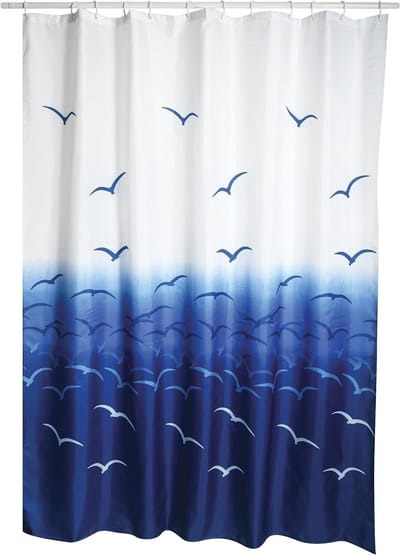 12 anti-schimmel douchegordijn "Meeuw", antibacterieel, wasbaar, waterdicht, inclusief 12 douchegordijnringen, polyester, 180 x 200 cm, wit/blauw/pourpre