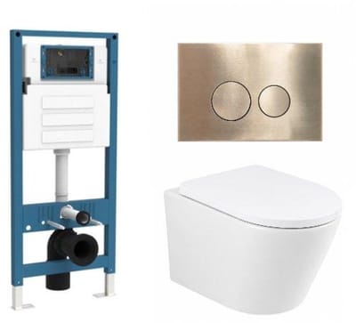 QeramiQ Dely Toiletset - inbouwreservoir Qeramiq Flush - 35mm zitting - metaal messing geborstelde bedieningsplaat - ronde knoppen - glans wit