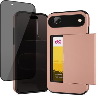 Hoesje met Pasjeshouder geschikt voor iPhone 17 Air - Privacy Screenprotector FullGuard & Camera Lens Screen Protector Zwart - Back Cover SlideCase Roségoud