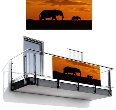Balkonscherm 200x90 cm - Balkonposter Olifanten - Savanne - Zonsondergang - Balkon scherm decoratie - Balkonschermen - Balkondoek zonnescherm
