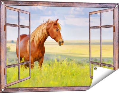 Gards Tuinposter Doorkijk Bruin Paard in de Wei - 90x60 cm - Tuindoek - Tuindecoratie - Wanddecoratie buiten - Tuinschilderij