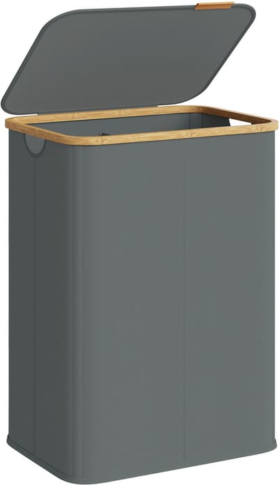 SONGMICS - Wasmand - Wasmand met Deksel - 2 Compartimenten - Opvouwbaar en Bamboe Frame