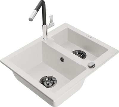 Mexen Carlos granieten spoelbak 1,5-komorige met keukenkraan Flora, wit - 6518-20-670401-07-B