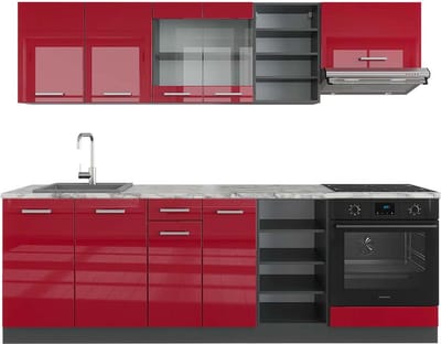 Vicco R-Line Complete keukeneenheid – 240 cm, WB Marmer Rood hoogglans/antraciet