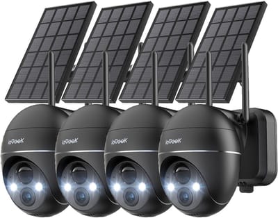 ieGeek 5MP Beveiligingscamera Braadloos Buiten - Zonne Energie Kamera - Draadloos Wifi - 360° PTZ - Werkt op Batterijen - Tschijnwerper en Sirene - Bewegingsdetectie - Kleuren-Nachtzicht - 2-Weg Audio - IP65 - Werkt met Alexa - 4 Stuks