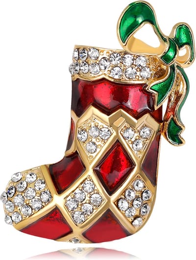 Kerst Broche met Strass - Kerstsok met Groene Strik - Kerstbroche Sieraad dames