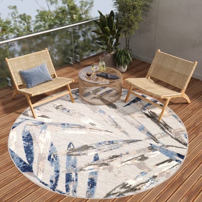Tapiso Patio Rond Vloerkleed Balkon Terras Tuin Blauw Grijs Outdoor Tapijt Maat- 80x80