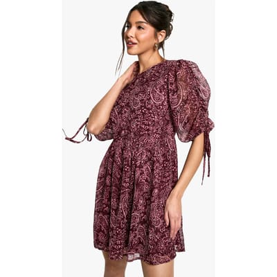 boohoo Dames Paisley geraffelde mouw minisjurk | Pruim | Maat: 36