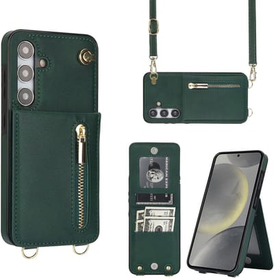 Multimedia & Accessoires Stijlvolle Leren Fashion Backcover Case Hoesje met Koord, Stand Ritsvak en Pasjeshouders geschikt voor Samsung Galaxy S24 - Groen