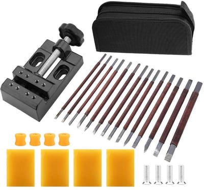 Dailygoods- Steensnijgereedschap Set van 18 - Manganese Stalen Mes - Opslagtas - Klembed 110x61x35mm - Inclusief Bijenwas - Lichtgewicht 599g - Beeldhouwgereedschap