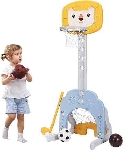 COSTWAY 3-in-1 kinderspeelplaats, in hoogte verstelbare basketbalkorf & voetbaldoel en golf, basketbalstandaard incl. ballen en golfclub, mand voor binnen en buiten (geel)