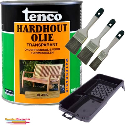 Tenco Hardhout Olie Transparant 1L + GRATIS KwastenDiscounter Beitsset 3 Delig 30/40/60 mm & Verfbak 15 cm x 29 cm