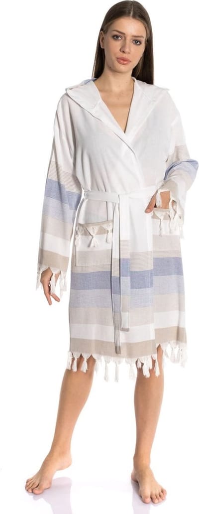 Lubna Home Dames Badjas Small -Ochtend Badjas Small-Hamam Badjas stof-Small -Blauw