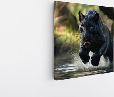 Saammp Canvas Schilderij - Zwarte Panter in het water - Natuur - Dieren - 20x20 - Foto op canvas - Wanddecoratie - Muurdecoratie Woonkamer - Slaapkamer decoratie - Canvas Print