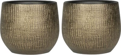 Ter Steege Plantenpot - Set van 2x stuks - keramiek - goud - metaal look - D15 x H13 cm