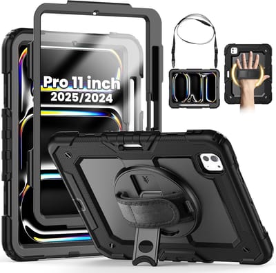 Hoes met ingebouwde Screenprotector Geschikt voor iPad Pro 11 inch M5/M4 2025/2024 hoes en iPad Pro 11 M5 / M4 hoes - Extreme Armor met screenprotector, Schouderiem, Handriem en Pencilhouder hoes - voor Horeca en Bouw - Zwart
