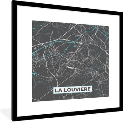 Fotolijst incl. Poster - Plattegrond – La Louvière – Blauw – Stadskaart - Kaart - 40x40 cm - Posterlijst