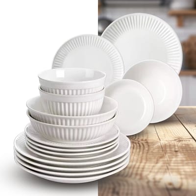 Luxe Serviesset – 16 delig – 4 persoons – Porselein - Bordenset – Dinner platen – Dessertborden - Kommen - Pastabord - Wit