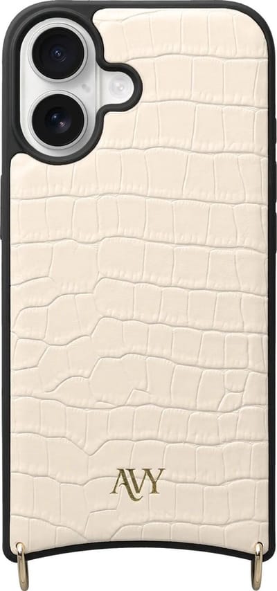 AVY Leren Hoesje geschikt voor Apple iPhone 17 | Compatibel met MagSafe | Leather Case | Back Cover | Haakjes voor koord | Croco Beige