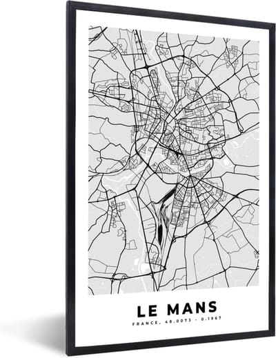 Fotolijst incl. Poster - Plattegrond - Le Mans - Stadskaart - Kaart - Frankrijk - 40x60 cm - Posterlijst