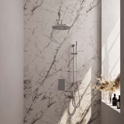 Brauer Chrome Carving thermostatische inbouw regendouche 3-weg omstelling SET 40 met 30 cm douchekop en gebogen muurarm en staaf handdouche en doucheslang en geïntegreerde glijstang chroom