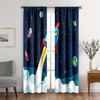2 STUKS Cartoon Raket Gordijnen Jongens Meisjes Melkweg Raket Astronaut Tunnelzak Raambekleding Blauw Gordijn. 150x166cm black