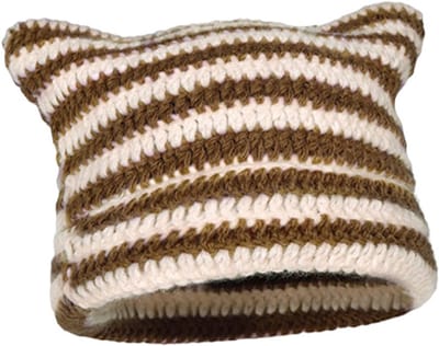 Knitted Cat Ear Wintermuts voor Dames en Heren, Casual en Warm, Unisex Striped Design in Donkerbruin, One Size
