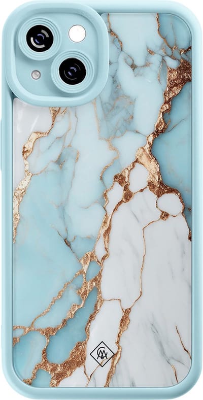 Casimoda® hoesje - Geschikt voor iPhone 15 - Marmer Lichtblauw - Effen telefoonhoesje met lensbescherming - Siliconen/TPU - Backcover - Blauw