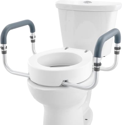 Toiletverhoger - Verhoogde toiletzitting met armleuningen - Hoogte 8,89 cm - Draagvermogen 136 kg - Geschikt voor ronde toiletten - Aluminium frame, EVA-armsteunen