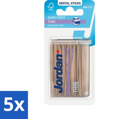 5 x Jordan Tandenstokers Double Ended Thin 100 stuks per verpakking - Tandenstokers - Interdentale Ruimte - Tanden Reinigen - Fluoride - Mintsmaak