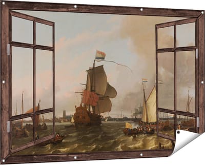Gards Tuinposter Doorkijk Het Oorlogsschip Brielle op de Maas voor Rotterdam - Ludolf Bakhuysen - 150x100 cm - Tuindoek - Tuindecoratie - Wanddecoratie buiten - Tuinschilderij