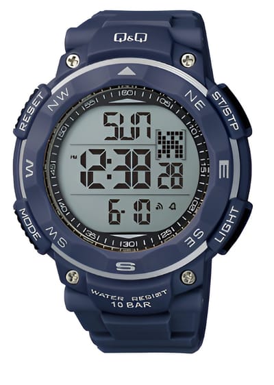Q&Q M124J006Y - Horloge - Analoog - Heren - Siliconen band - Kunststof - Digitaal - Rond - Blauw - 10ATM waterdicht