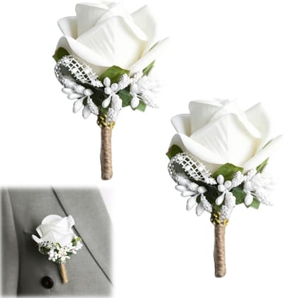 Handgemaakte Witte Rozen Boutonnière voor Mannen - 2 Stuks - Perfect voor Bruiloften, Feestjes en Promotie Events