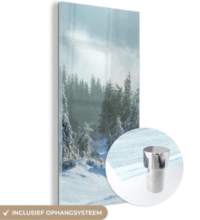 MuchoWow® Glasschilderij 20x40 cm - Schilderij acrylglas - Bos - Sneeuw - Winter - Foto op glas - Schilderijen