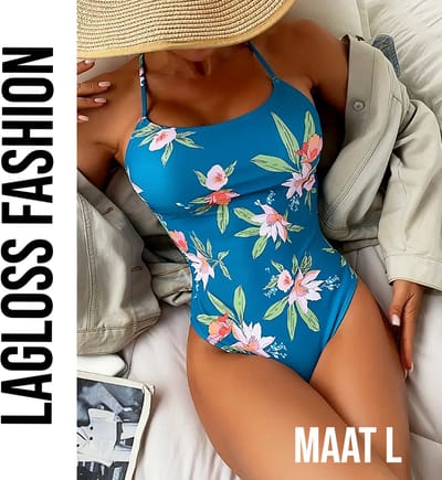LaGloss® Tropisch Badpak – Blauw met Bloemen – Flatterend Eendelig Zwempak – Maat L