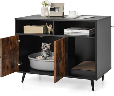 COSTWAY PV10068DE Kattenkast kattentoilet met krabonderlegger en dubbele deuren kattenhuis met open rek en 2 vakken kattenhol kattenbakkast voor katten honden huisdieren bruin + zwart