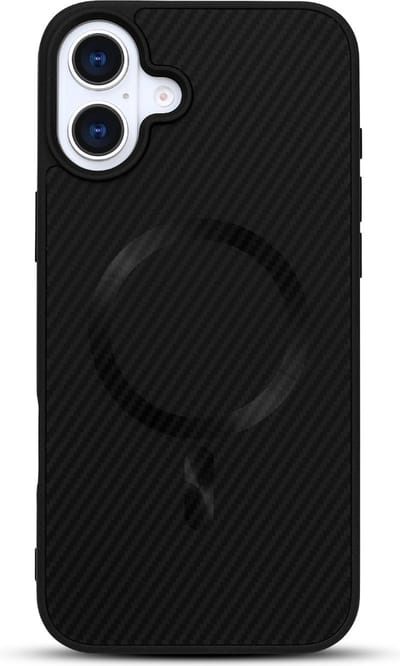 Casemania Hoesje Geschikt voor Apple iPhone 16 - Zwart - Carbon Back Cover - Geschikt voor MagSafe