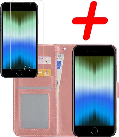 Hoesje Met Screenprotector - Geschikt voor Apple iPhone SE (2022) - Luxe Pasjeshouder - Bookcase Portemonee - Flip Case - Kunstleer Book Case - Flipcase - Book Cover - Walletcase - Portemonneehoes - Rosé goud
