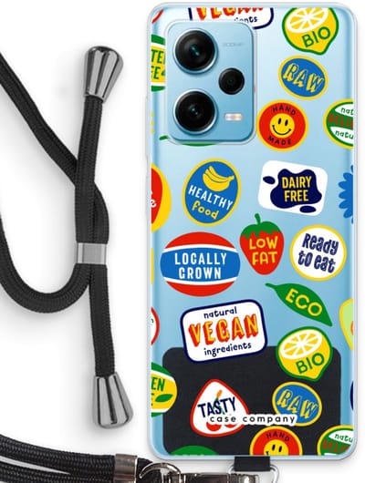 Case Company® - Hoesje met koord geschikt voor Xiaomi Redmi Note 12 Pro Plus hoesje met Koord - Fruitsticker - Telefoonhoesje met Zwart Koord - Bescherming aan alle Kanten en Over de Schermrand