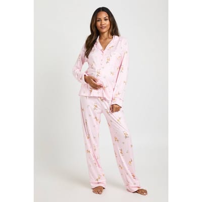 boohoo Dames Zwangerschaps Paasei Hert Print Lange Mouw Shirt & Broek Pyjama Set | Pink | Maat: 8