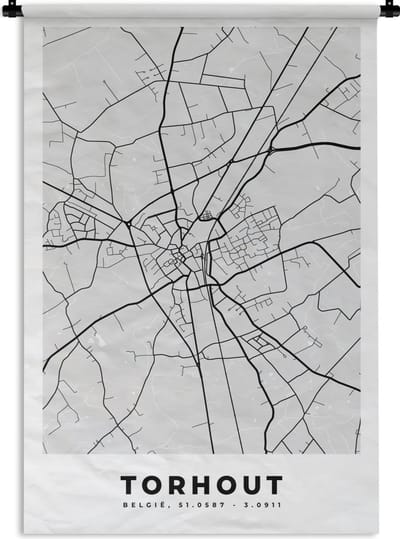 Wandkleed - Wanddoek - Zwart Wit – België – Plattegrond – Stadskaart – Kaart – Torhout - 120x180 cm - Wandtapijt